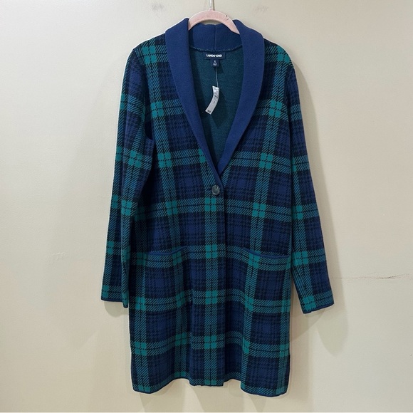 LANDS END Coat Long Cardigan Green Navy Blackwatch Plaid size small new - Picture 1 of 7
